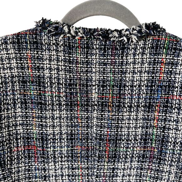 Fringed Plaid Jacket Boucle Women S Blue White Blazer Classic Professor Academia - Picture 8 of 16